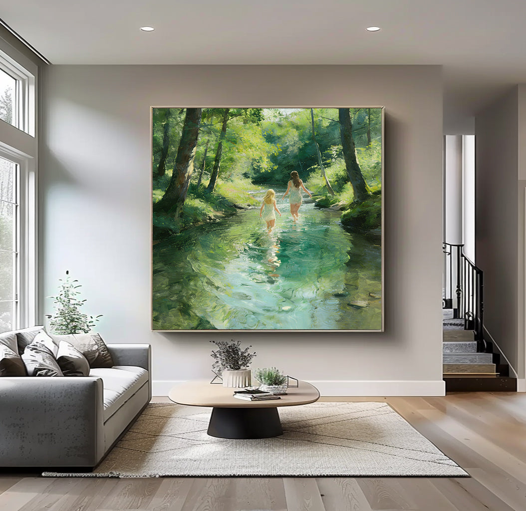 Living room with a large painting of two women by a river on the wall.