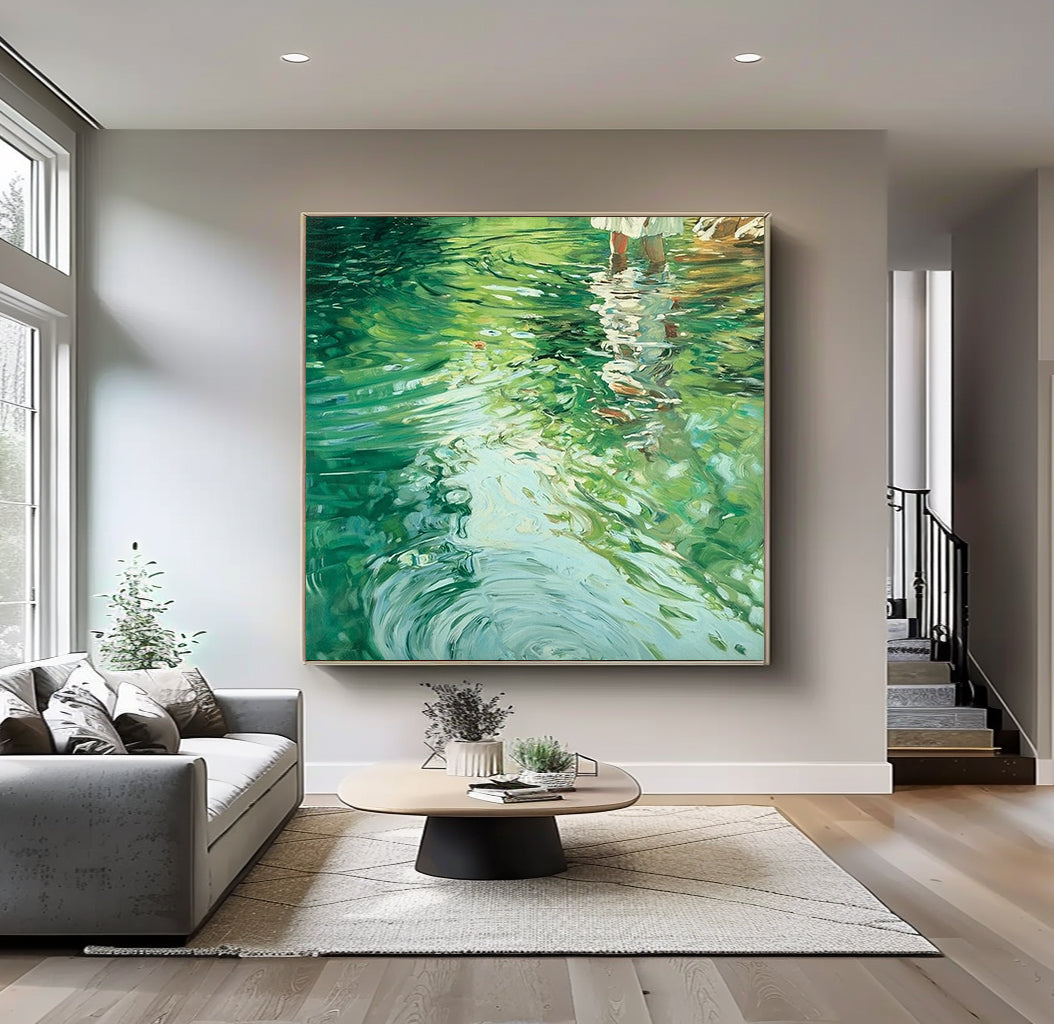 Oil painting of a girl on water, lakeside painting, green textured landscape art