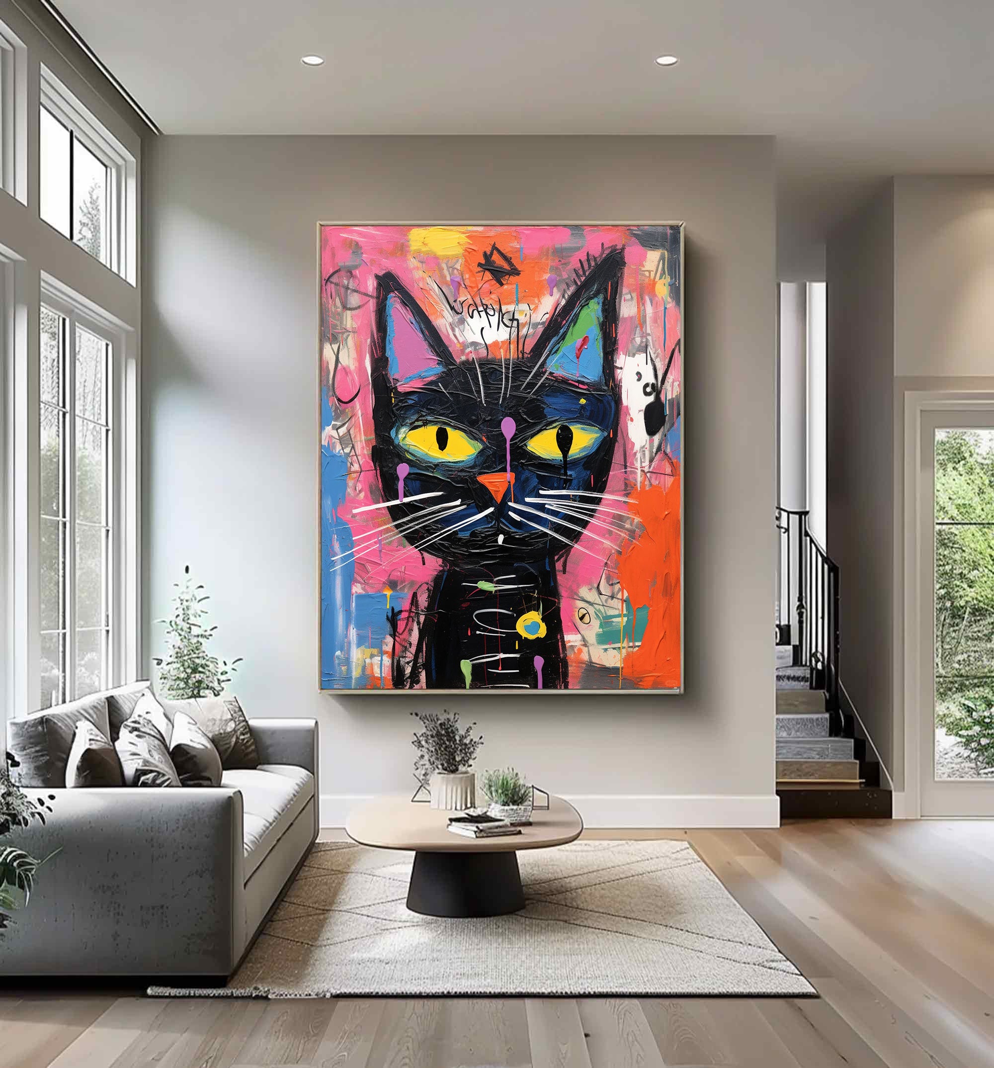 Colorful Pop Art Cat Canvas Modern Street Art Cat Urban Art Cat Decor