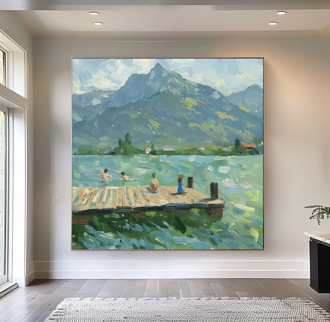 large Green Hand-painted oil painting Serene water landscape decor