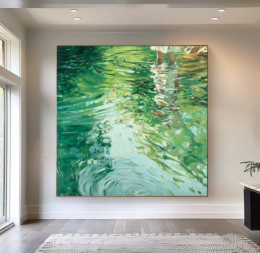 Oil painting of a girl on water, lakeside painting, green textured landscape art