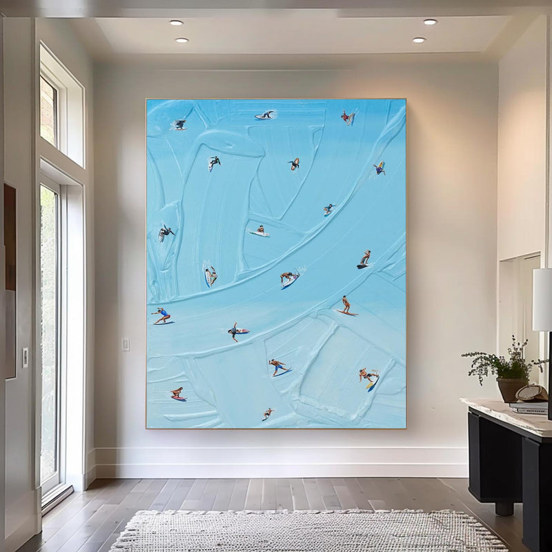 Large Blue surfing painting Wall Art Blue Minimalist Abstract Painting Light Blue surfing Abstract painting