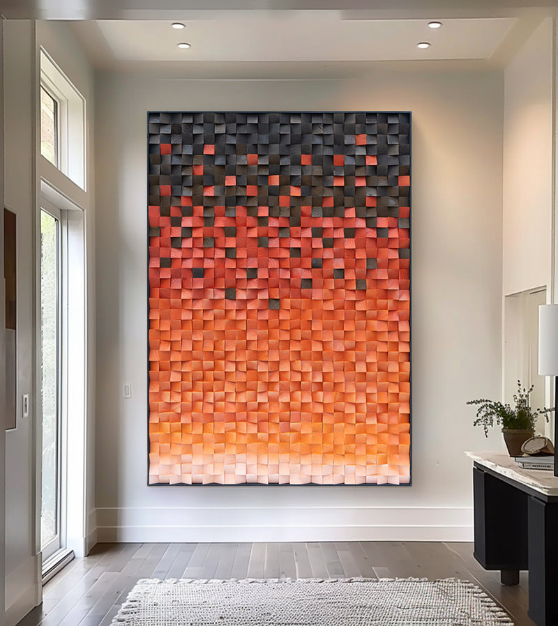Wood Collage Wall Art decor orange color Sculptured Textured Wall Art 