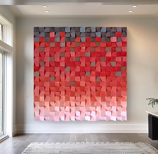 Wood wall Decor Red Wood Block Art Geometric Wood Art Sculptured art