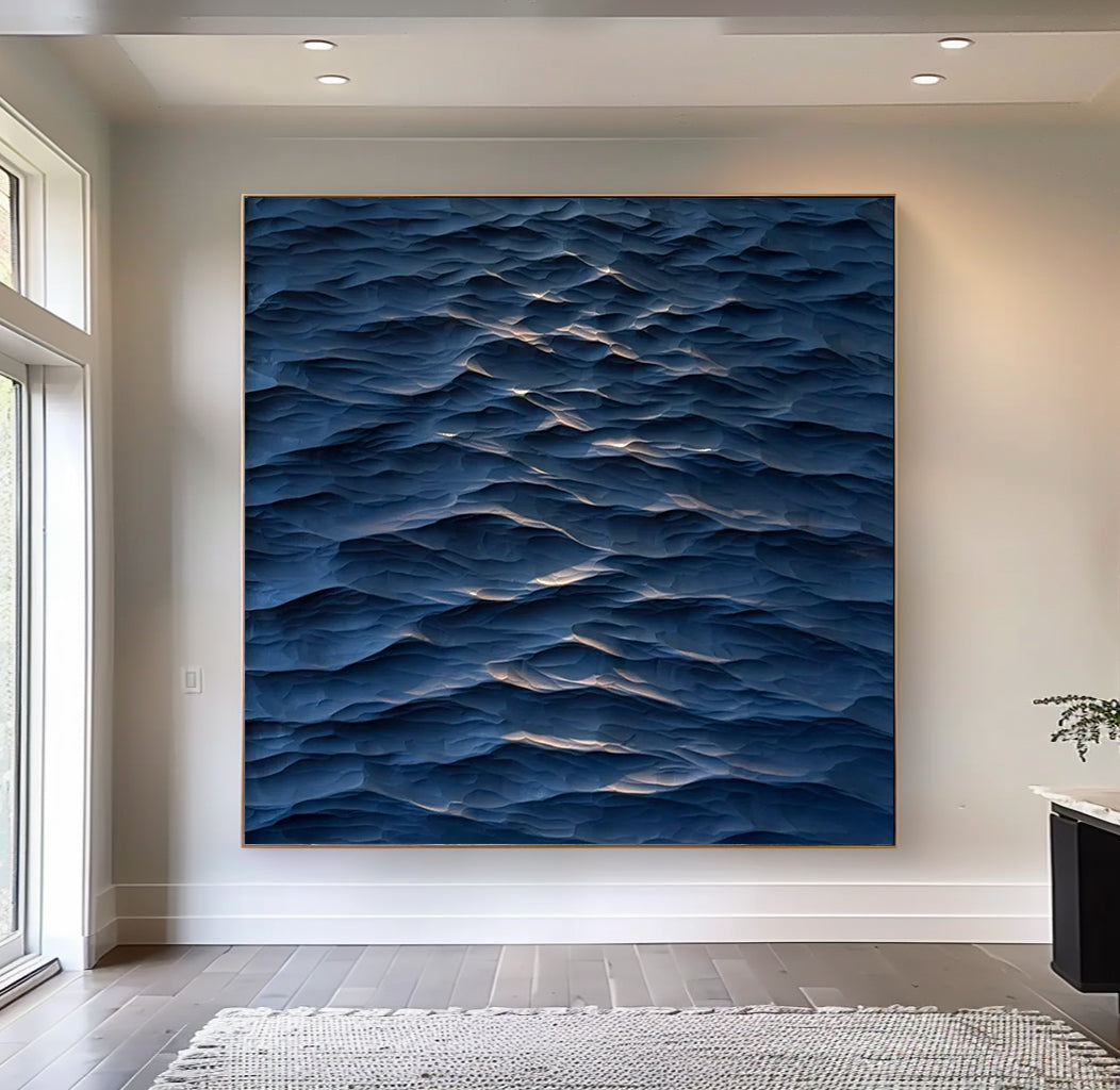 Sculptured wall art Wood carving wall art blue ocean wave texture art 