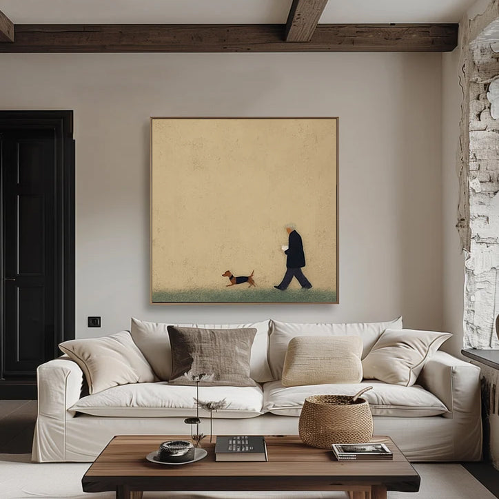 Man and puppy walking Oil Painting Brown Hand-Painted Canvas Art 
