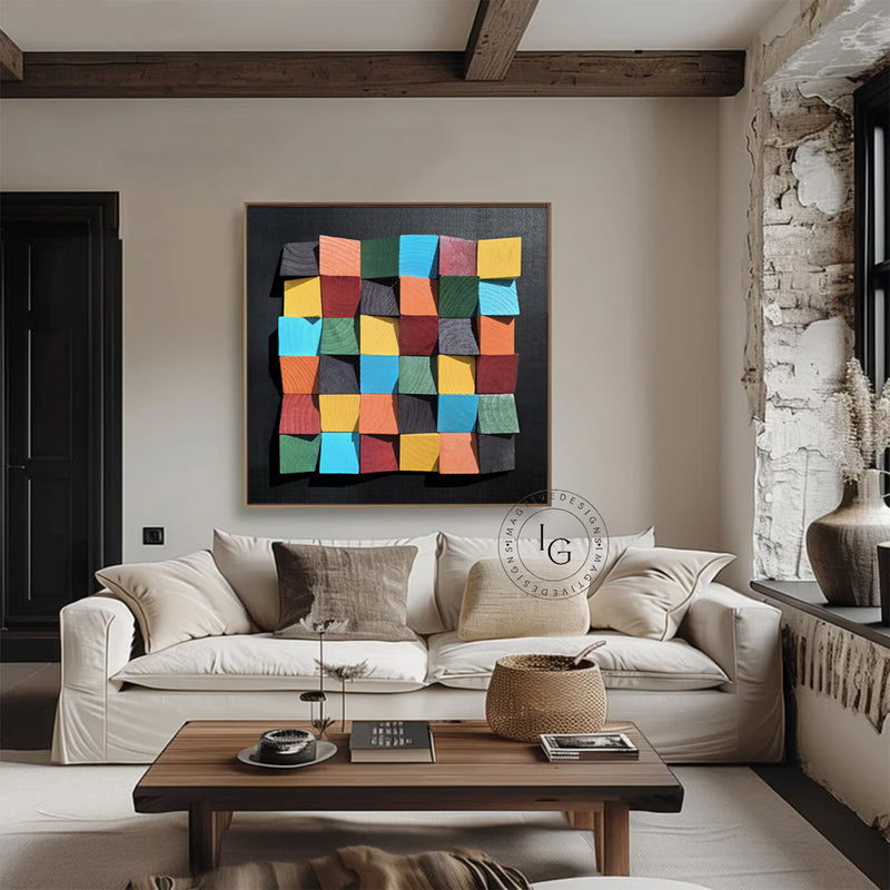 Colorful wood wall Textured Art Colorful Wood collage decor painting