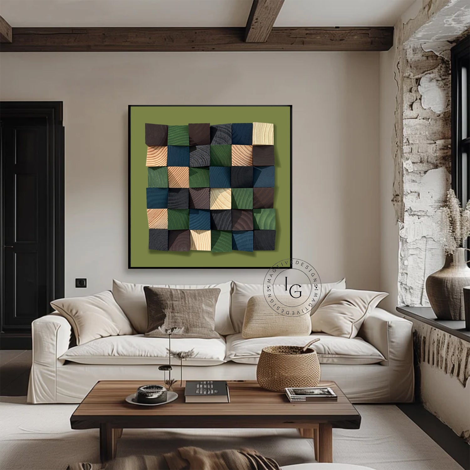 Green wood wall Textured Art Colorful Wood collage decor painting