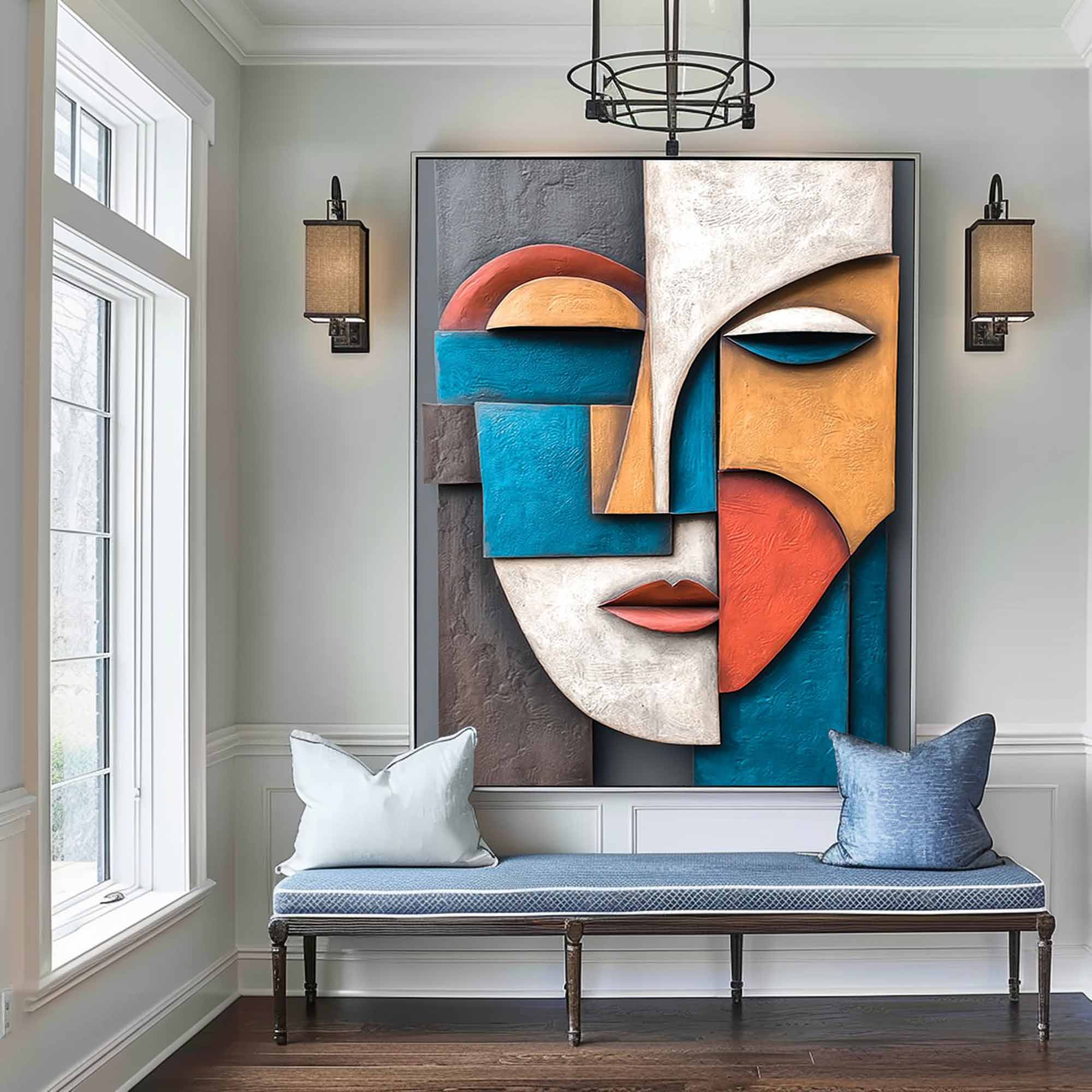 Wood carving wall art Wooden wall decor Face painting for two people