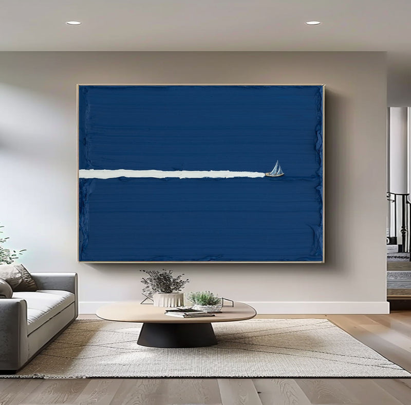 Large blue abstract art Abstract Blue Sailboat Wall Art Blue Sailboat Oil Painting on Canvas Blue Texture Art