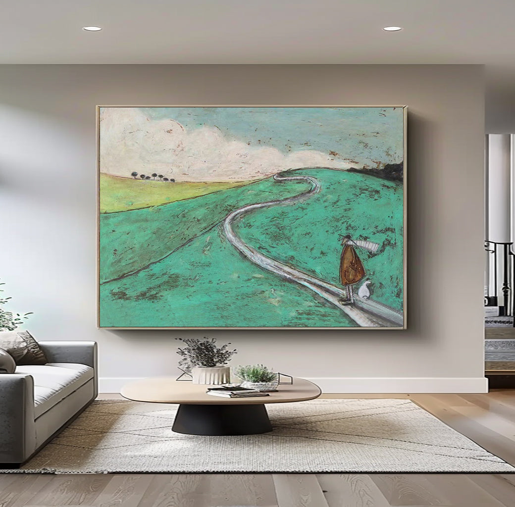 Modern Landscape Oil Painting, Whimsical Man and Dog on Winding Road, Minimalist Green Nature Wall Art