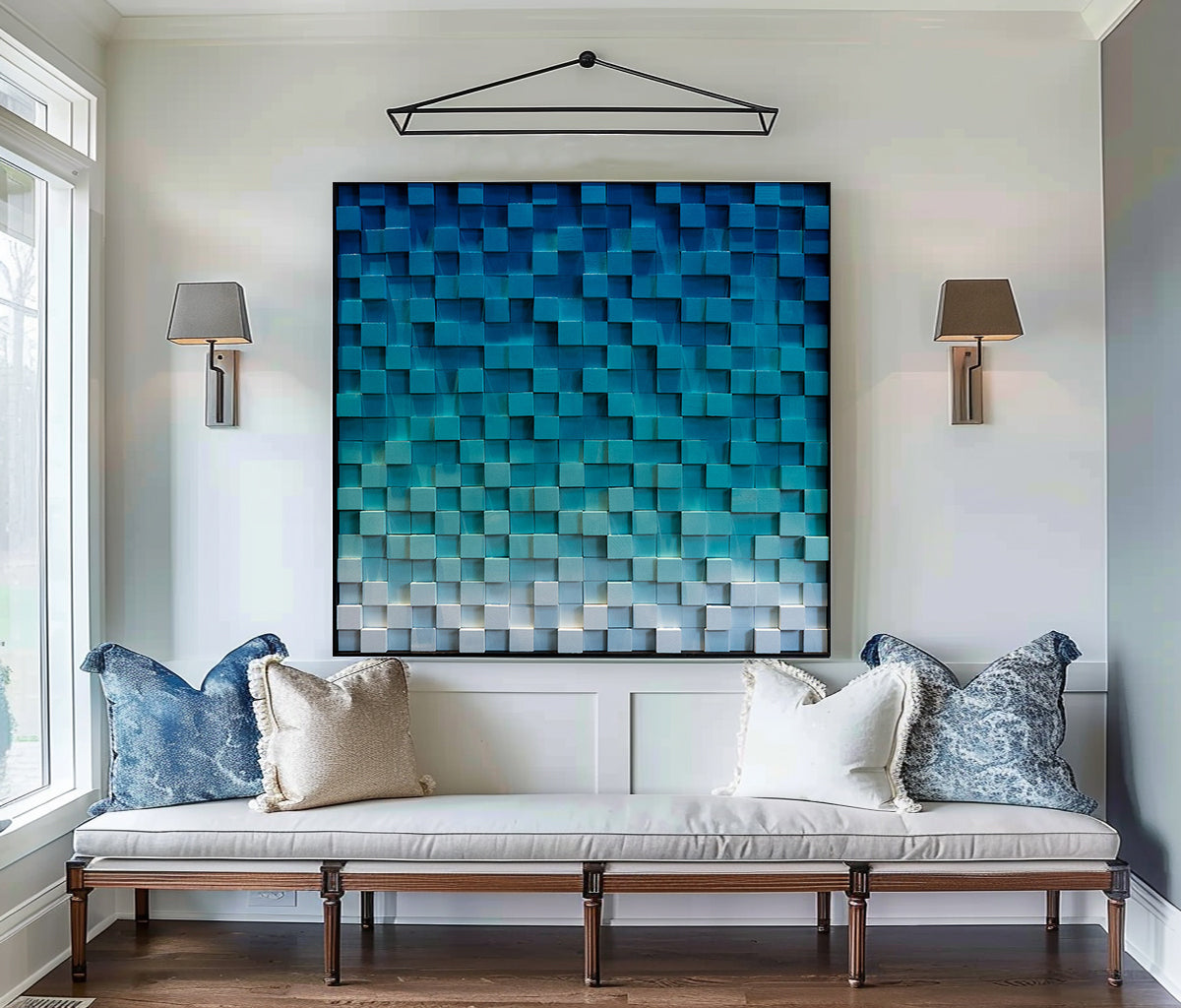 Blue Wood wall Decor Wood Block Art Geometric Wood Art Sculptured art