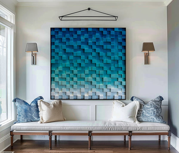 Blue Wood wall Decor Wood Block Art Geometric Wood Art Sculptured art