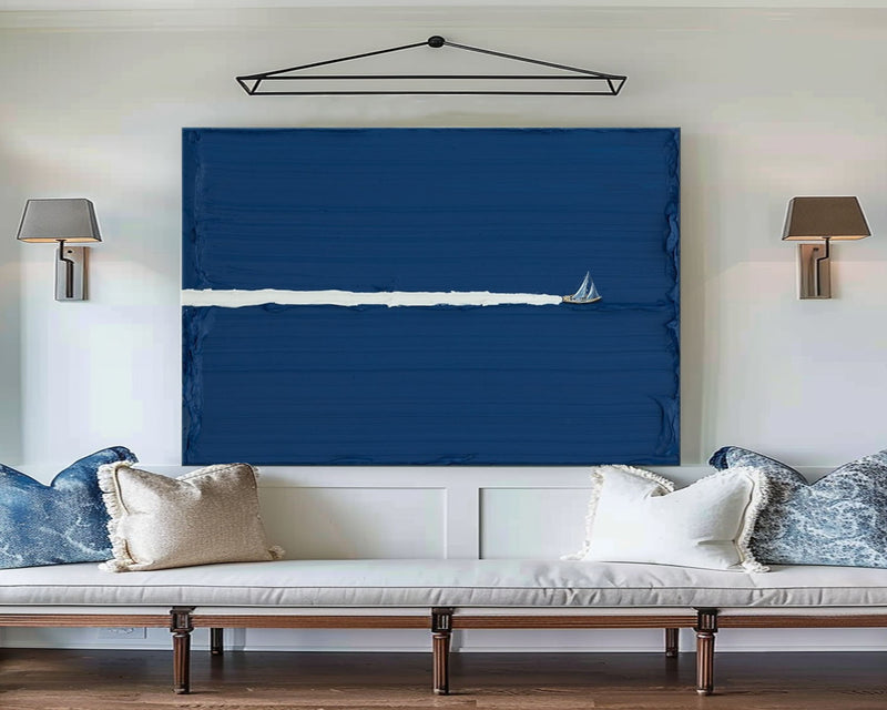 Large blue abstract art Abstract Blue Sailboat Wall Art Blue Sailboat Oil Painting on Canvas Blue Texture Art