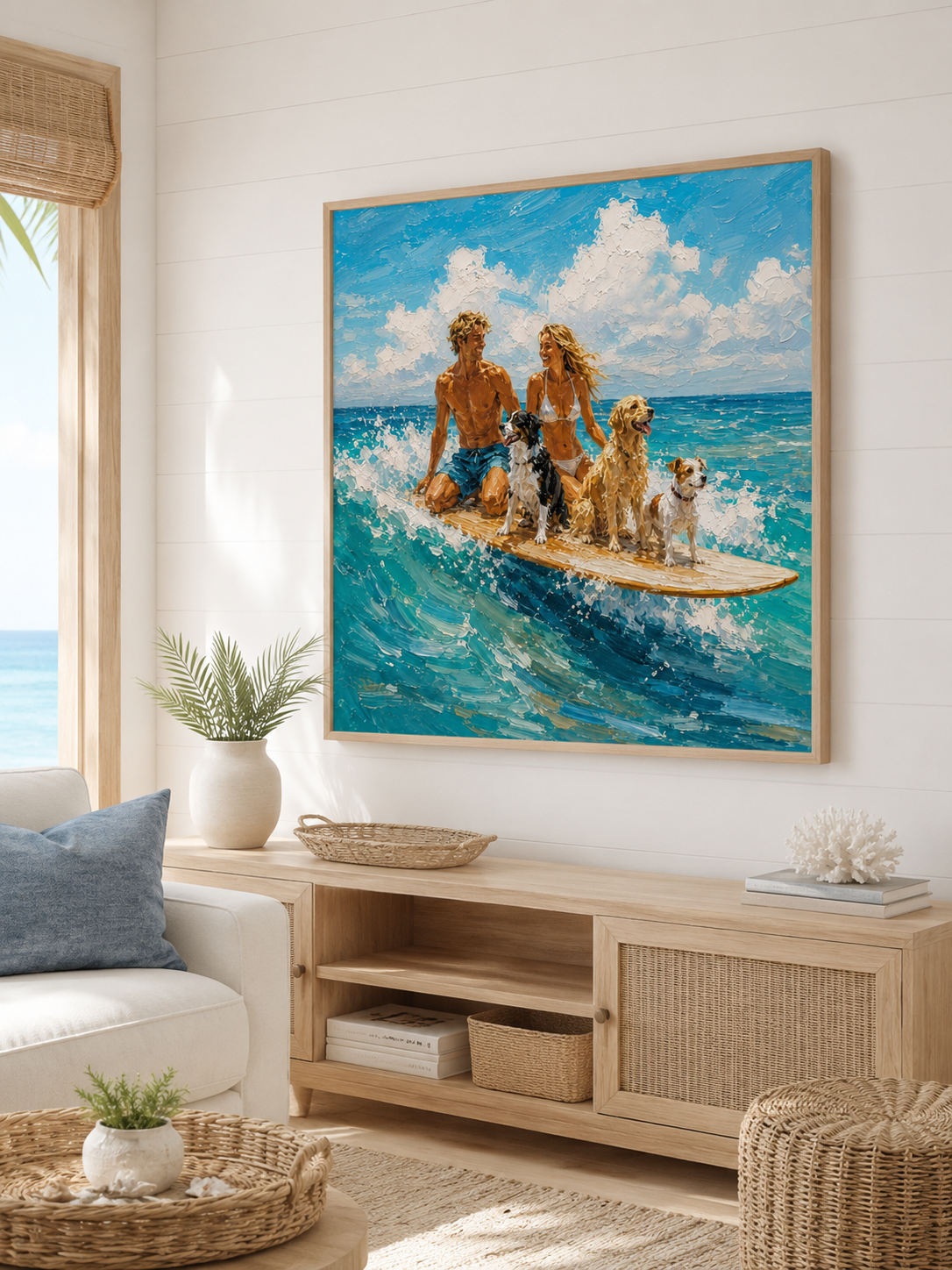 Summer Beach Wall Art Modern Textured Beach Painting With Dogs And Couple For Coastal Living Room Decor