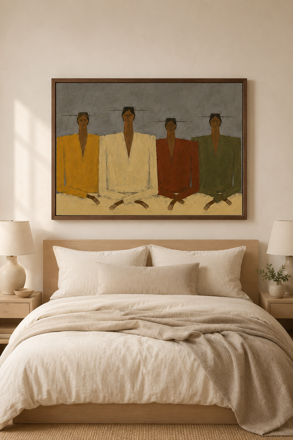 Mid-Century Minimalist Abstract People Oil Painting - Muted Earth Tones on Canvas