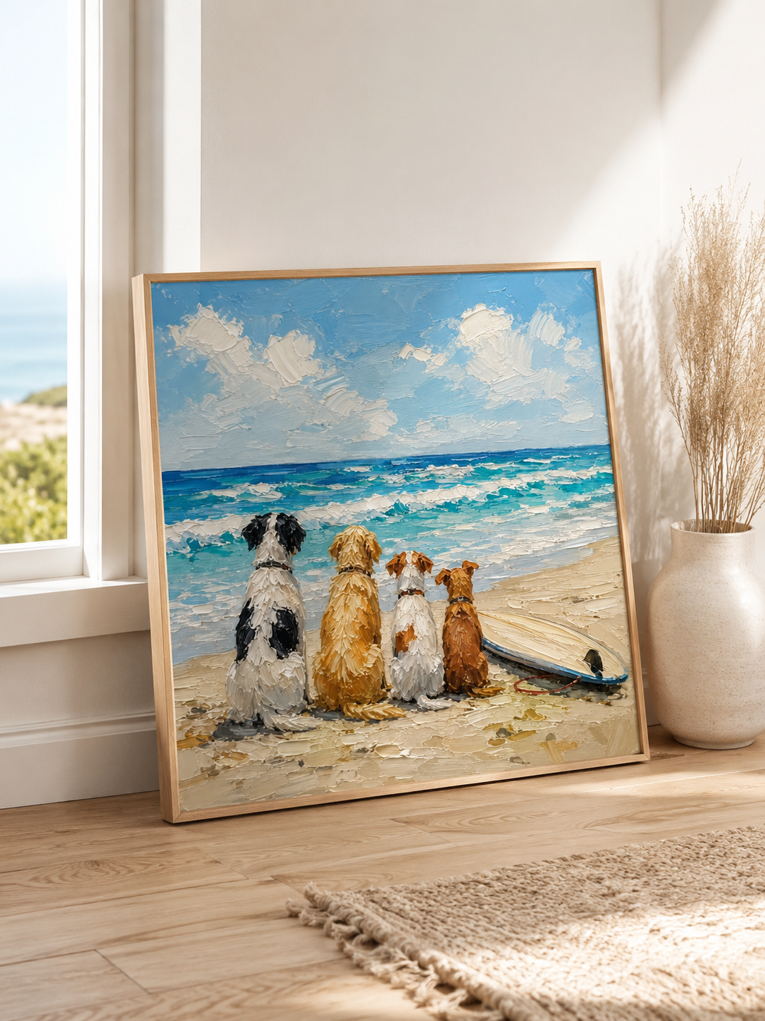 Hand Painted Dogs Watching Ocean Waves Impasto Beach Art For Dog Owners Gift
