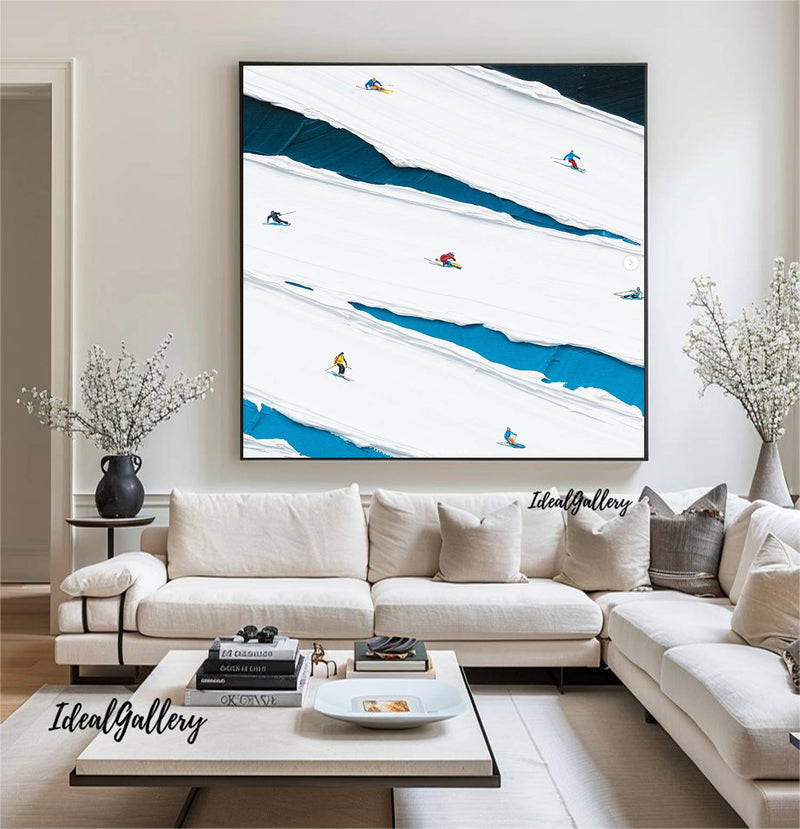 Skier Painting 3D Skiing Sport Art Textured Wall Art Personalized Gift For Skiers White Snowboards Painting 