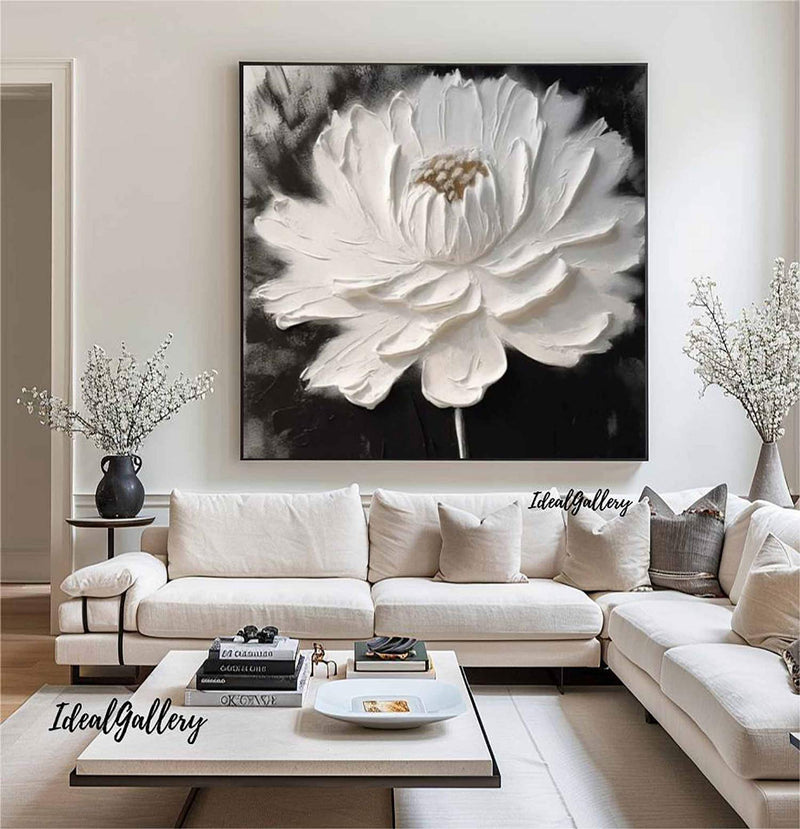 White 3D Texture Flower Painting White Minimalist Floral Painting Boho Living Room Wall Art Daisy Flower Wall Art