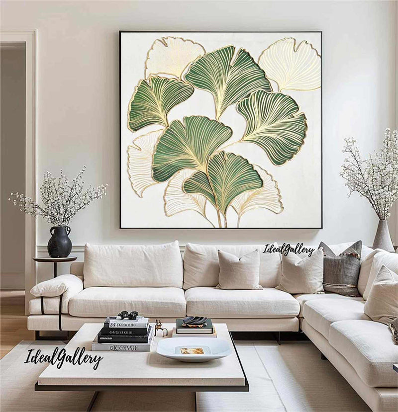 green painting Golden leaf oil painting Green leaf oil painting White and green painting