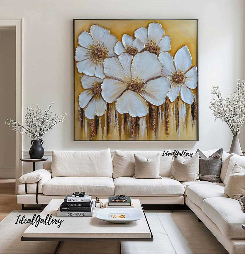 White And Golden Leaf Painting White and gold wall art White and gold Textured abstract Painting