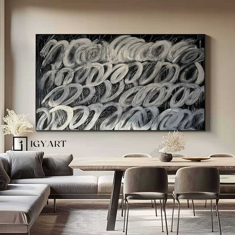 Large Black Abstract Painting Black abstract wall art Black and White Abstract Line Painting Black Minimalist Painting