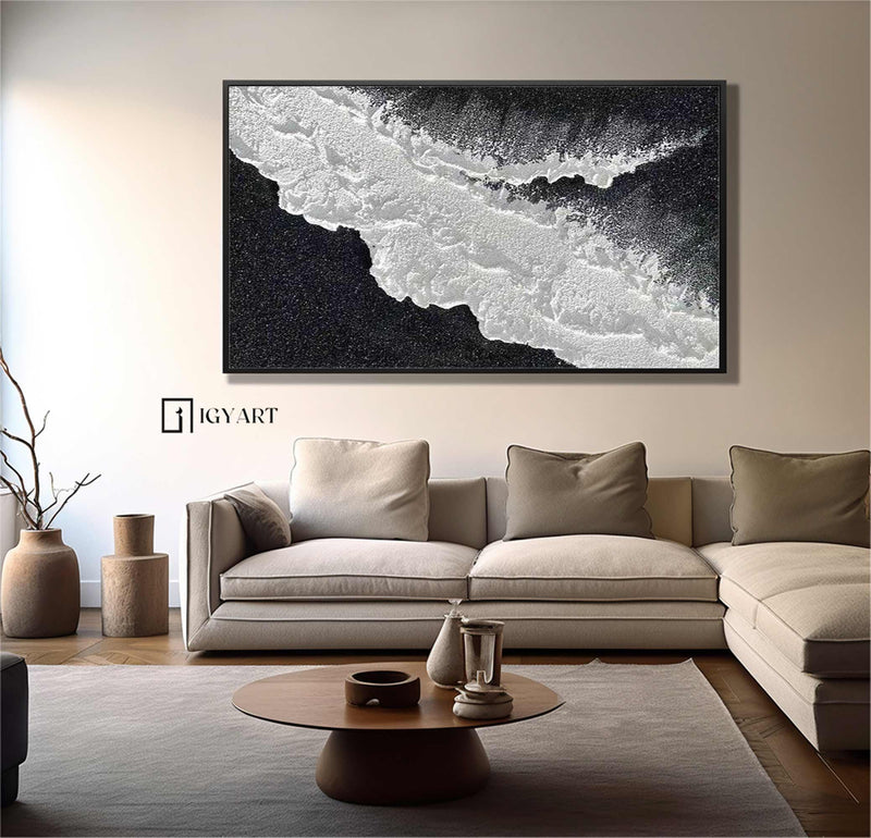 Large Black and white Abstract art Black Ocean wave Abstract Painting Black 3D Textured Painting