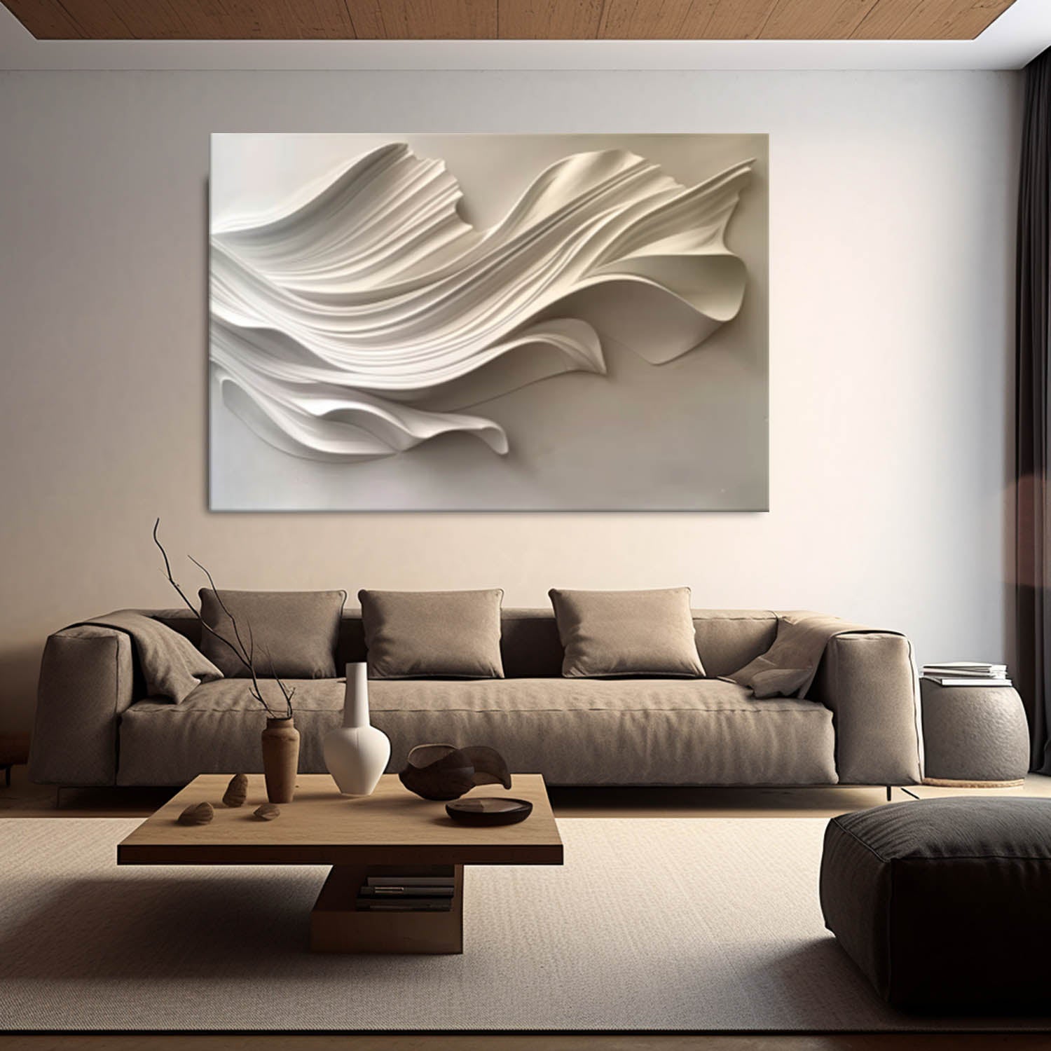 Wood carving wall art Beige Sculptured art Beige 3D Textured Wall Art