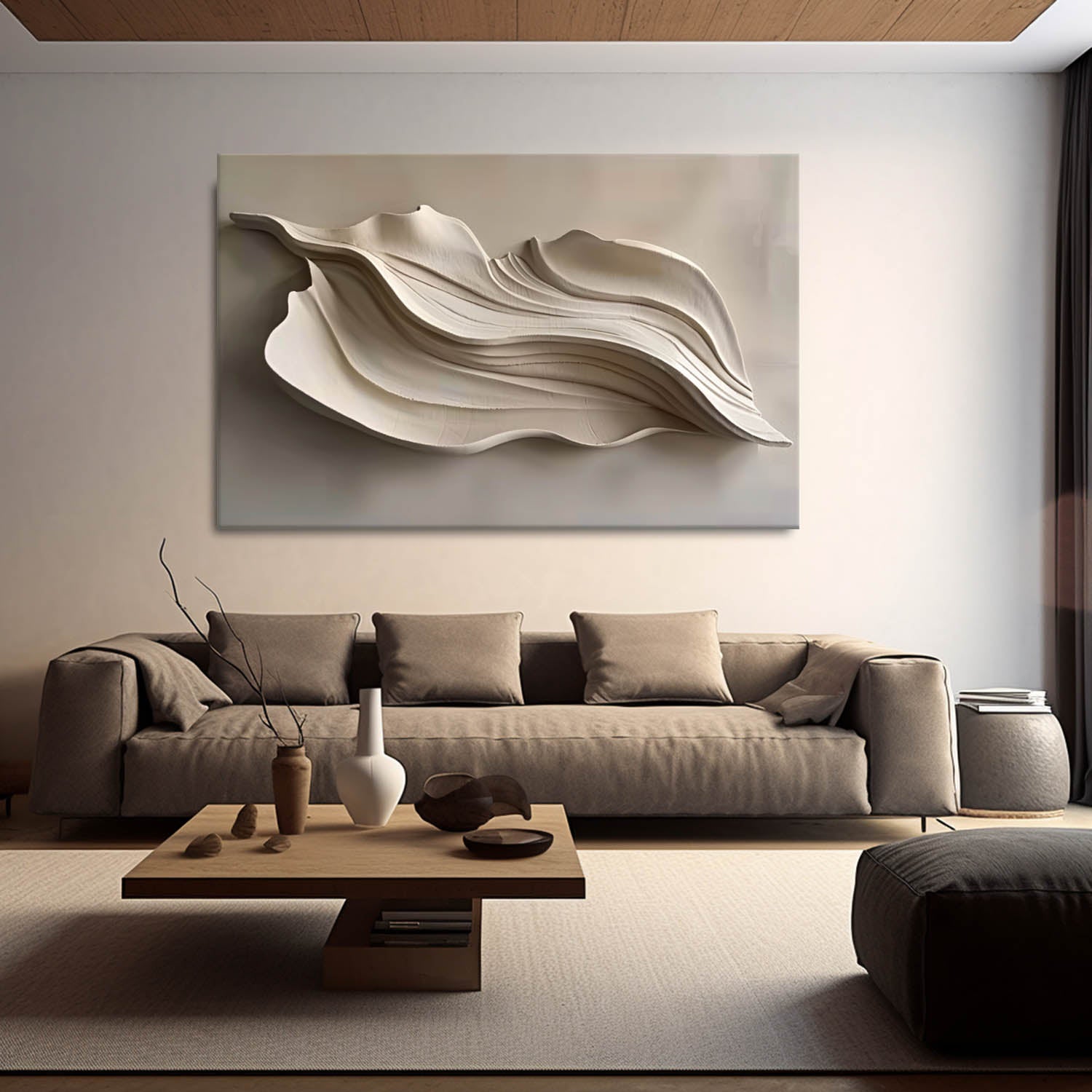 Grey Sculptured art Wood carving wall art Beige 3D Textured Wall Art