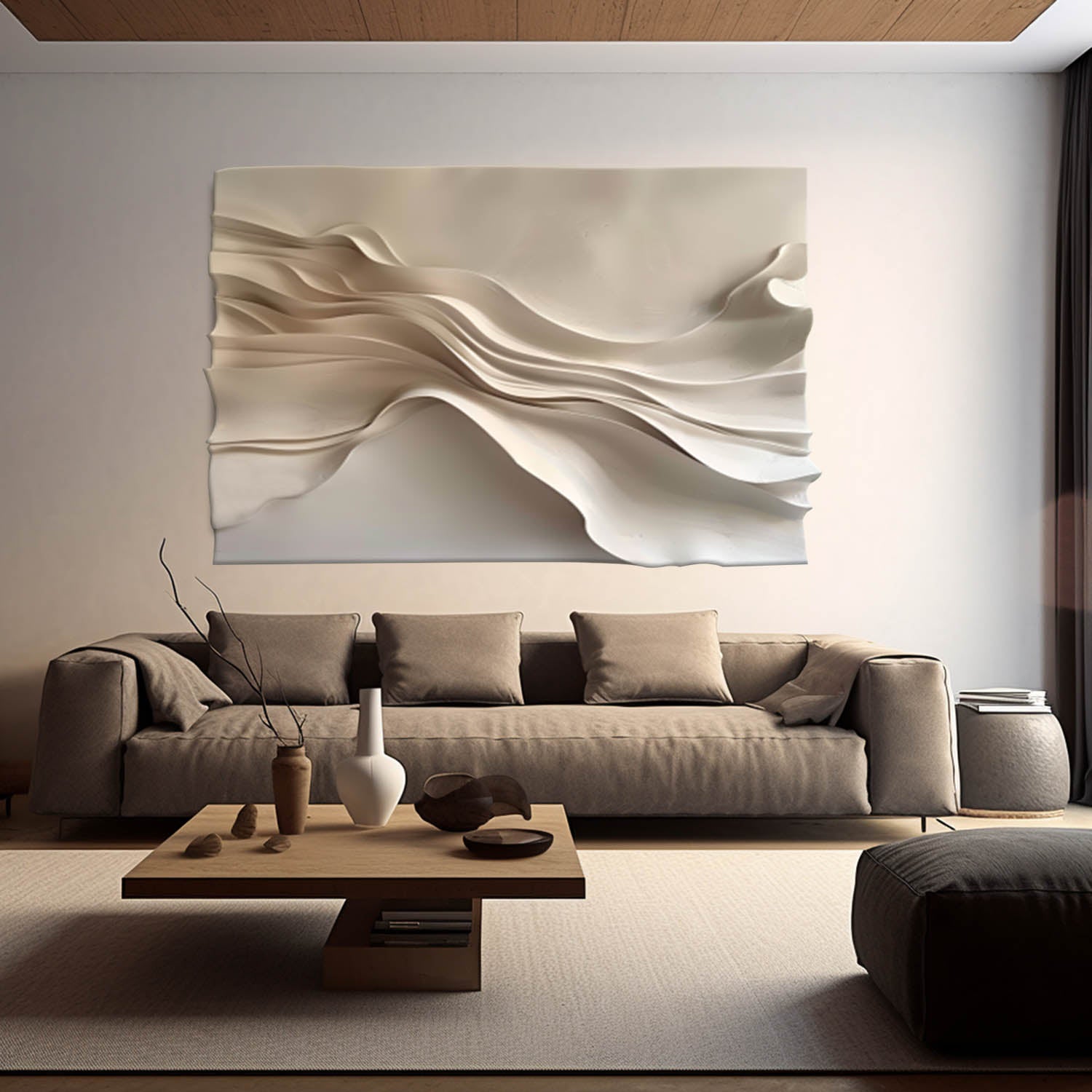 Beige 3D Textured Wall Art Grey Sculptured art Wood carving wall art 
