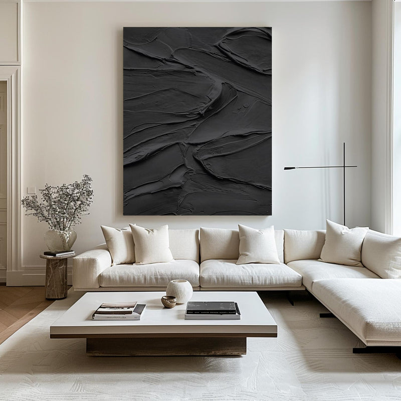 Black 3D Textured Painting Black 3D Minimalist Painting Large Black Abstract Painting