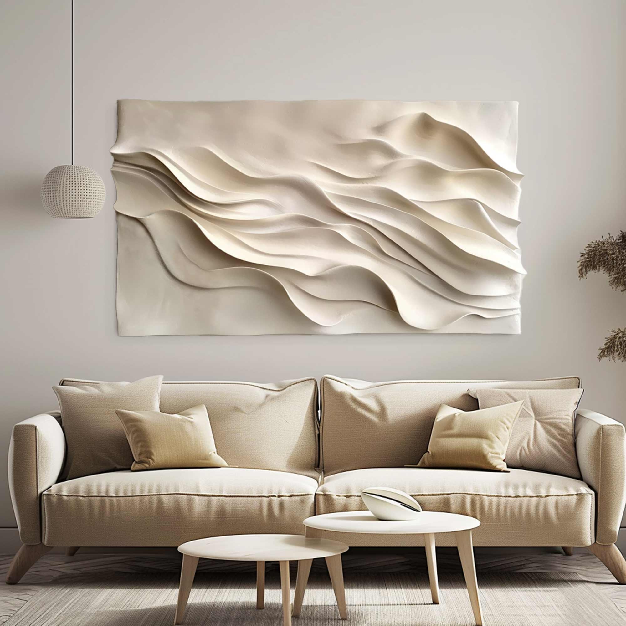 beige Textured Sculpture wall art Hand-Painted Wood Carving Wall Art 