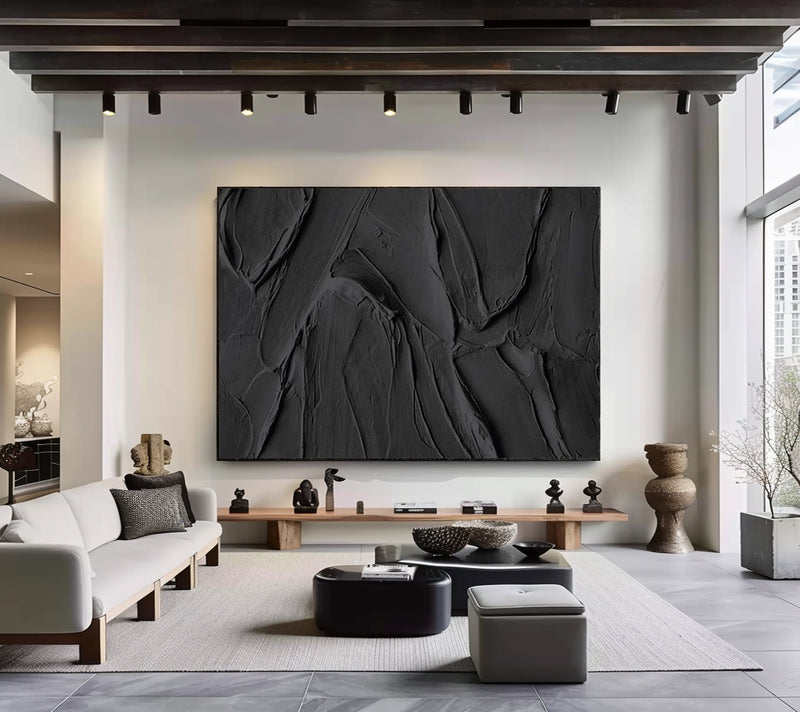 Black 3D Textured Painting Black 3D Minimalist Painting Large Black Abstract Painting 