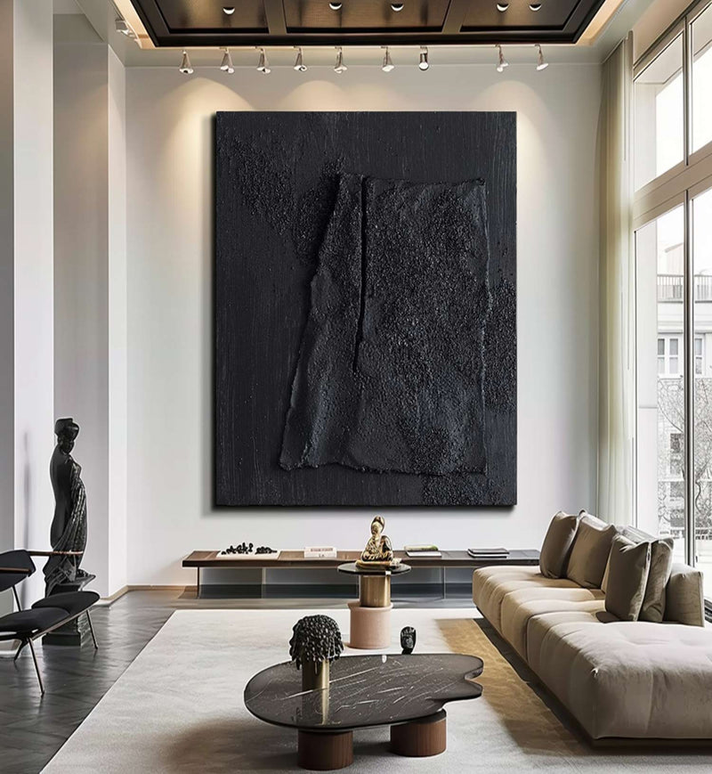 Large Black Abstract Painting Black wall art Black plaster art Black textured wall art