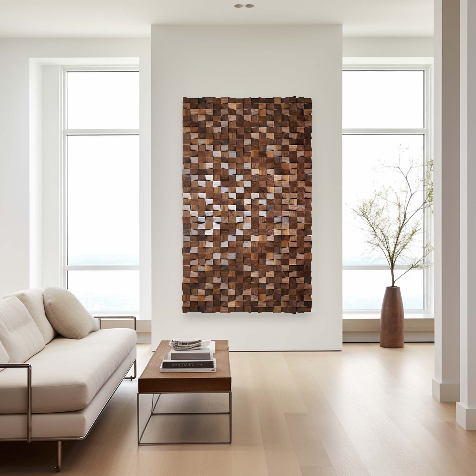 Hand-Painted Brown Wood Carving Wall Art: Geometric Wood Decor Art