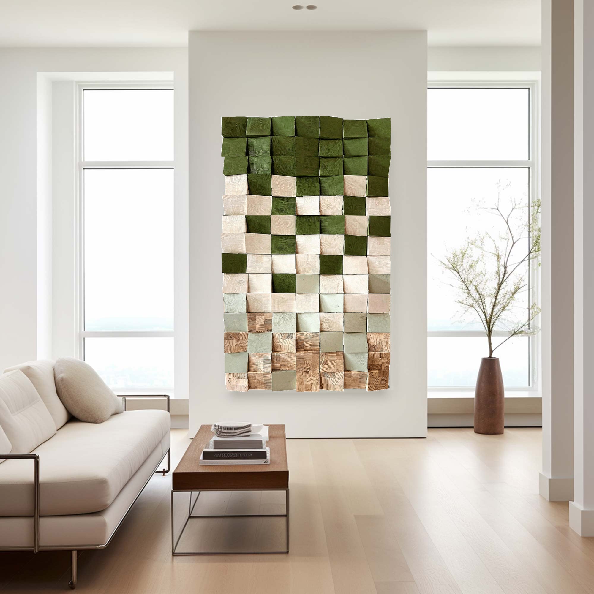 Green Geometric Wood Art: Textured Wall Sculpture Decor art Painting