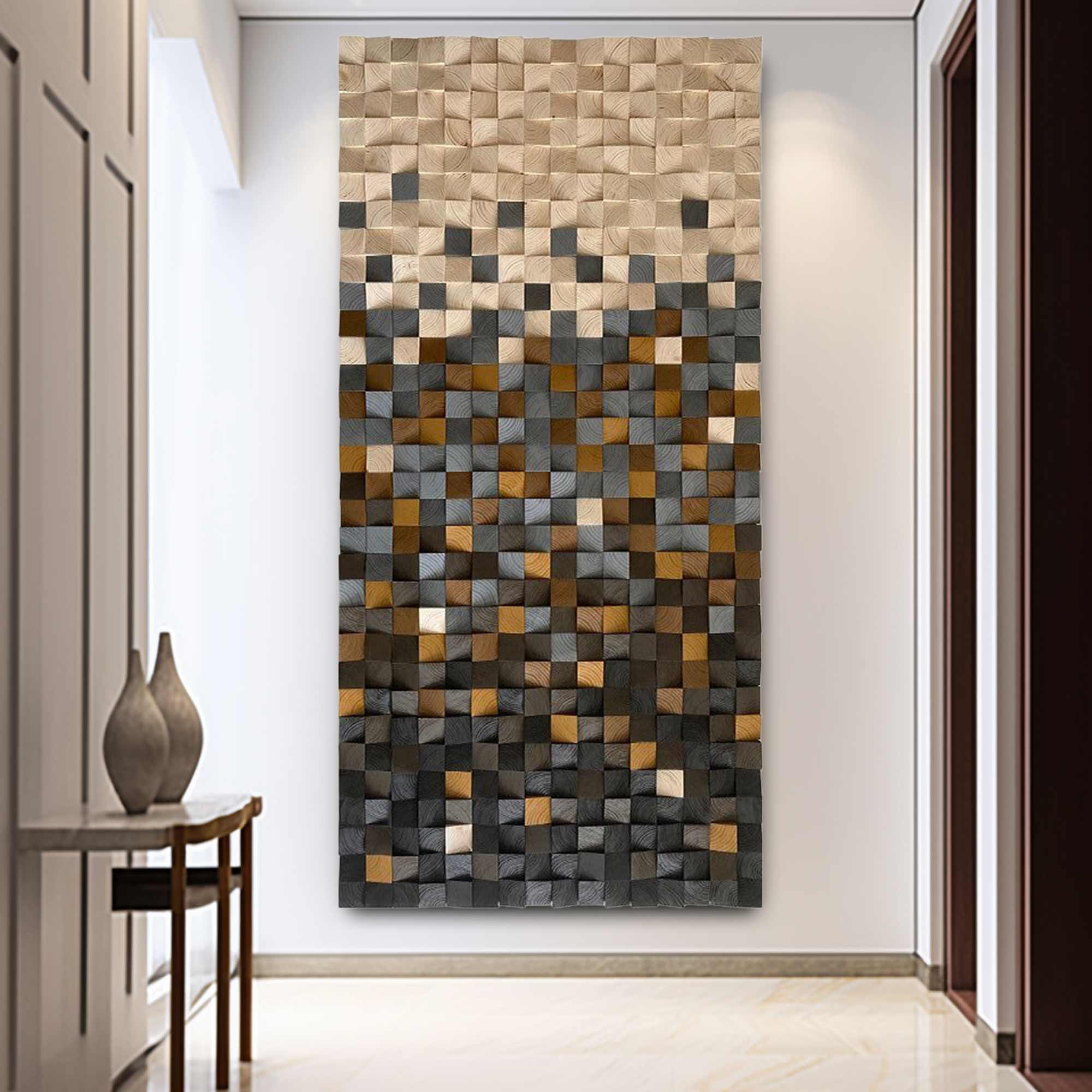Hand-Painted Wood Carving Wall Art: Geometric Wood Decor Art