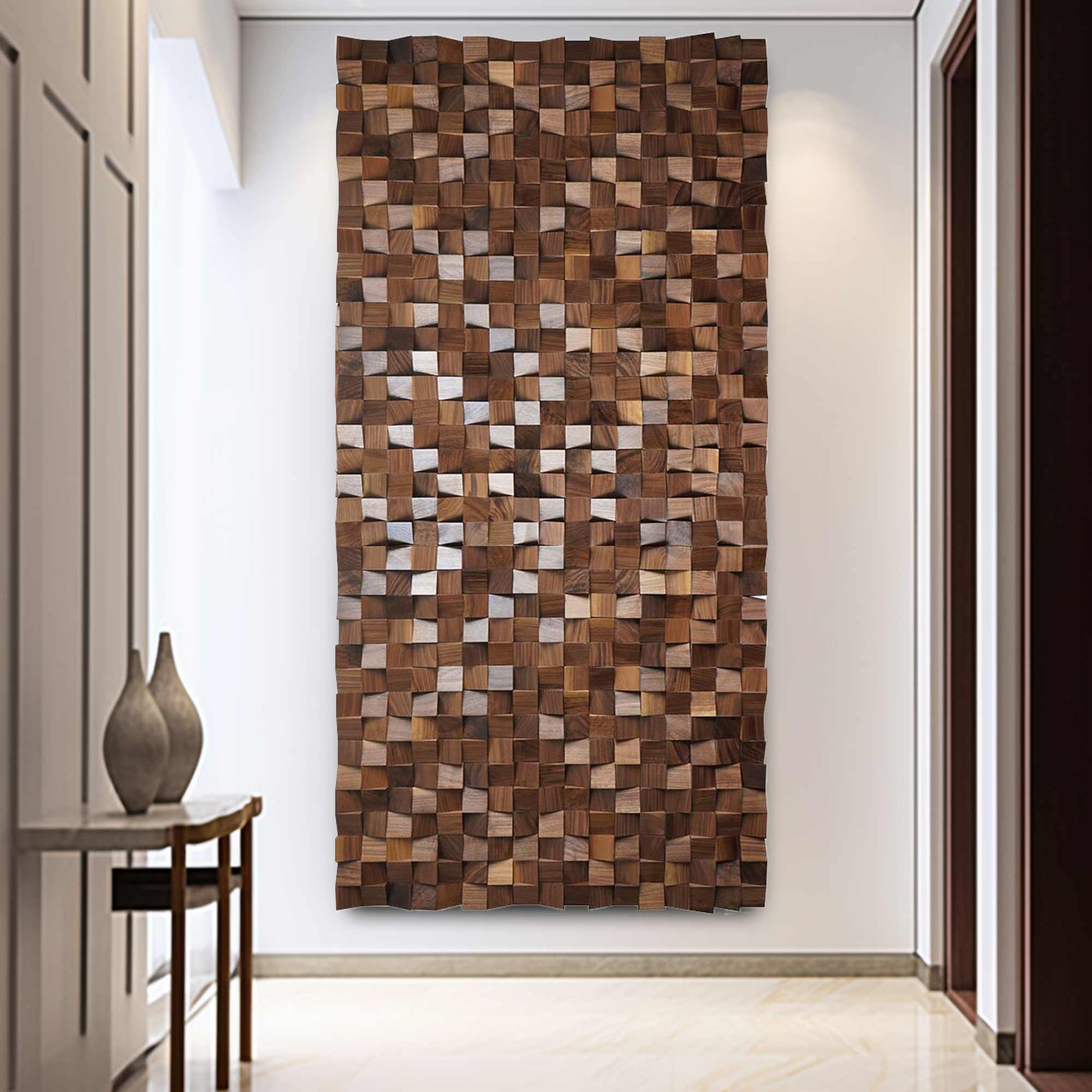 Hand-Painted Brown Wood Carving Wall Art: Geometric Wood Decor Art