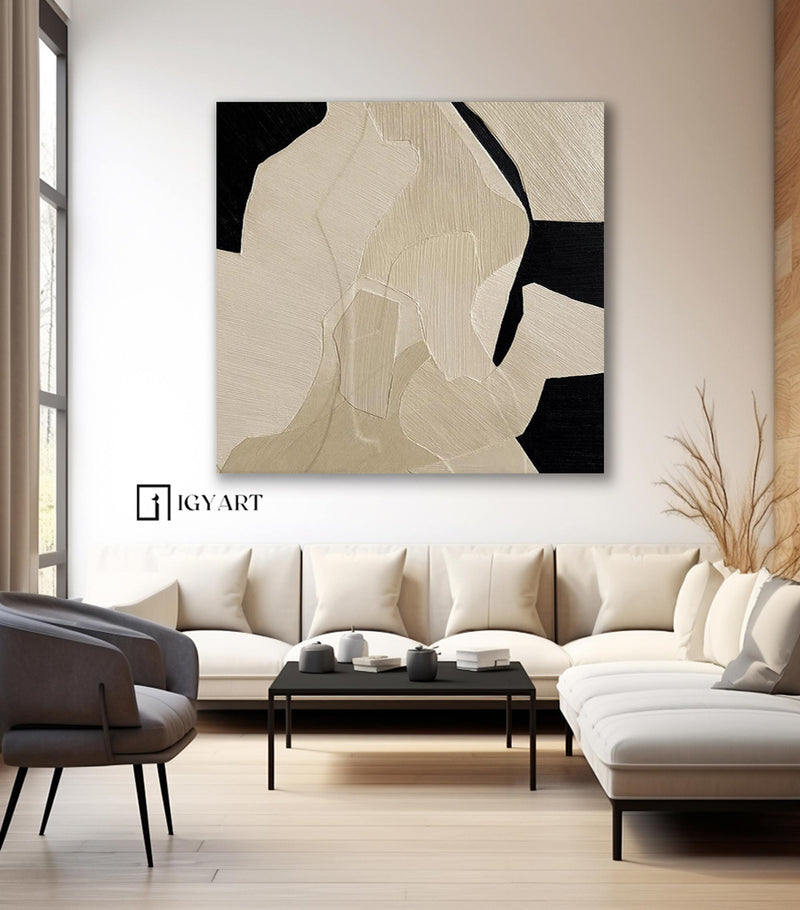 Beige Wabi Sabi Wall Art Black Beige Abstract Painting Large Black Minimalist Wall Art