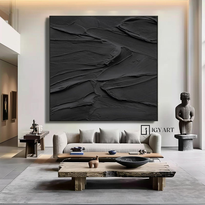 Black 3D Abstract Painting Black Textured wall art Black Wabi-Sabi Wall Art Large Black Abstract Painting