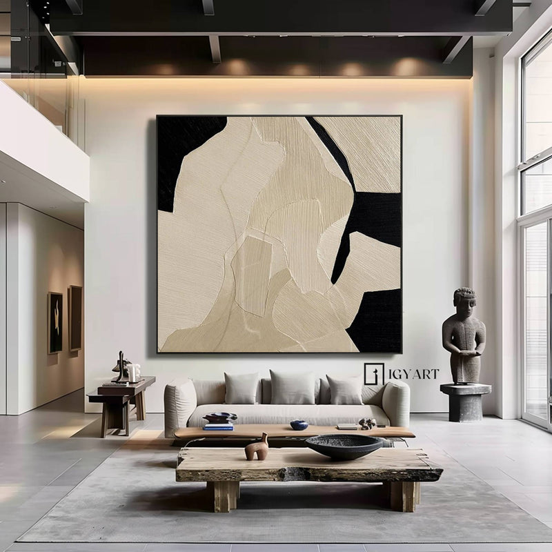 Beige Wabi Sabi Wall Art Black Beige Abstract Painting Large Black Minimalist Wall Art