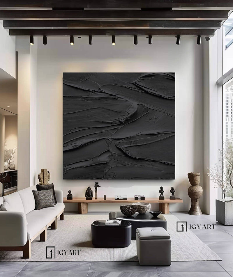 Black 3D Abstract Painting Black Textured wall art Black Wabi-Sabi Wall Art Large Black Abstract Painting