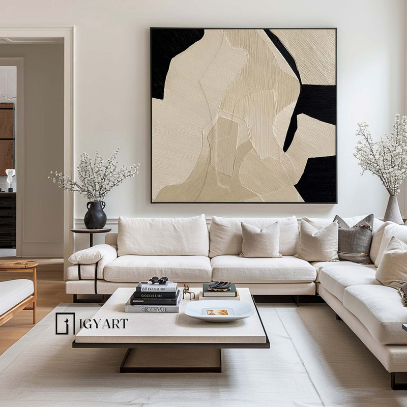 Beige Wabi Sabi Wall Art Black Beige Abstract Painting Large Black Minimalist Wall Art