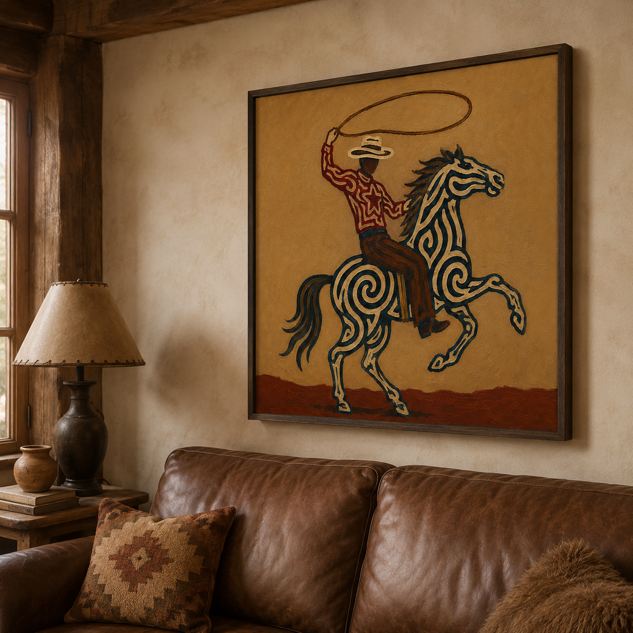 Cowboy Lasso Horse Art , Roping Horse Western Painting, Cowboy Throwing Lasso Wall Decor, Dynamic Rodeo Canvas Art
