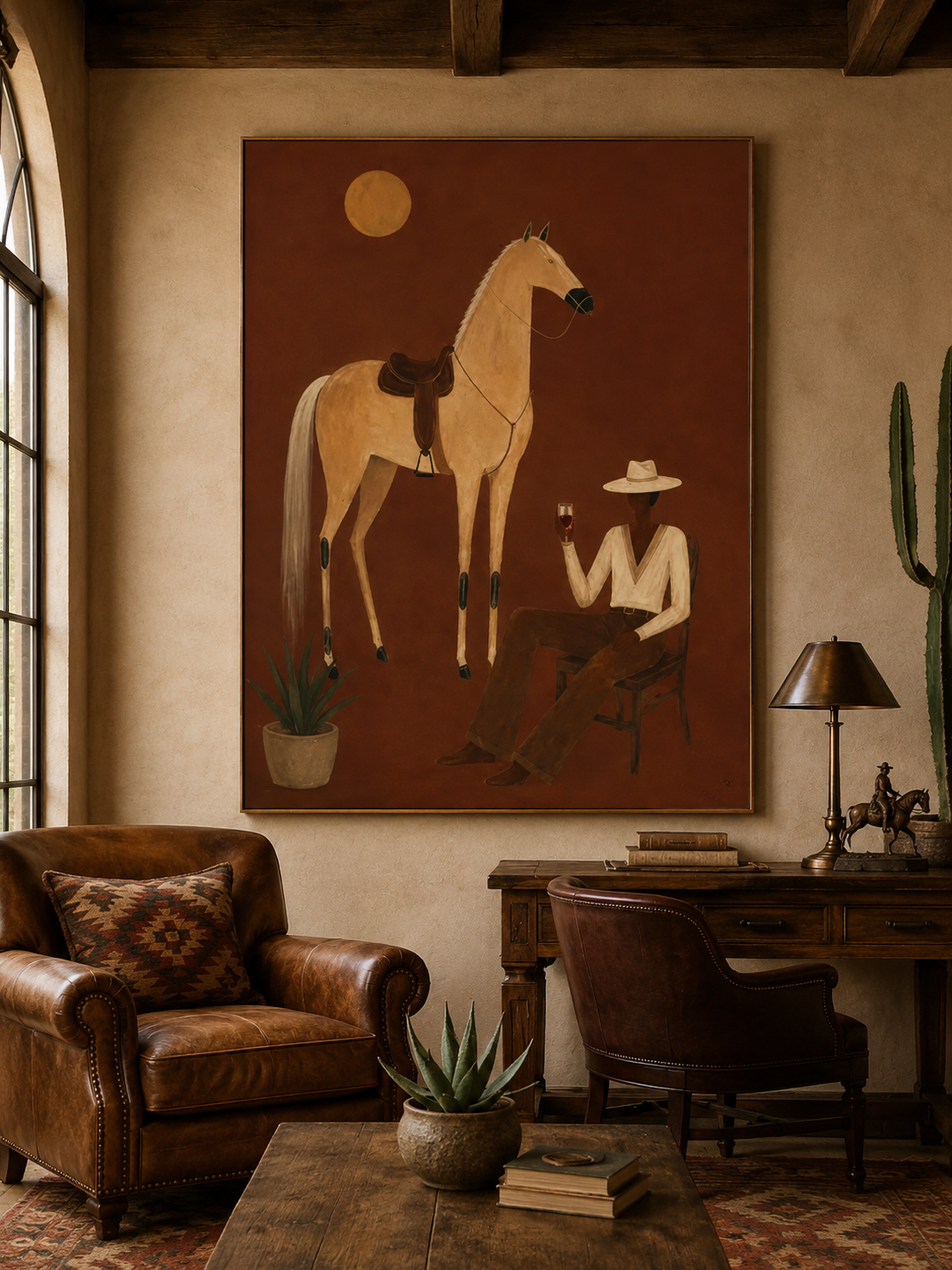 Surrealist Vintage Horse And Gentleman Painting Original Canvas Wall Art For Modern Home Office Decor