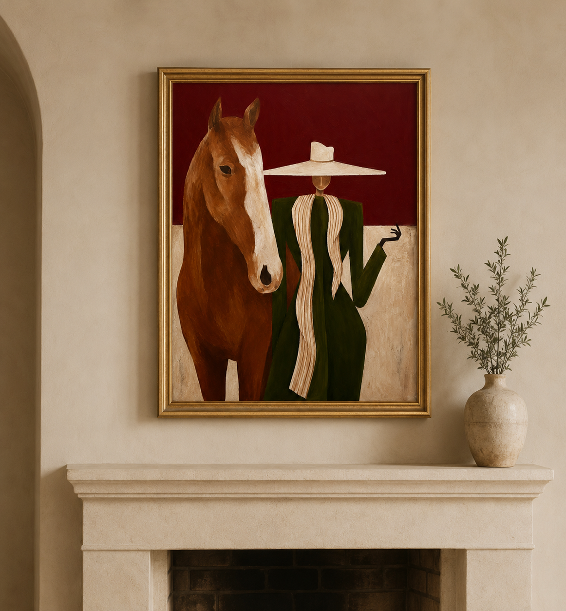 Lady In Wide Brim Hat With Horse Original Oil Painting Abstract Animal Decor
