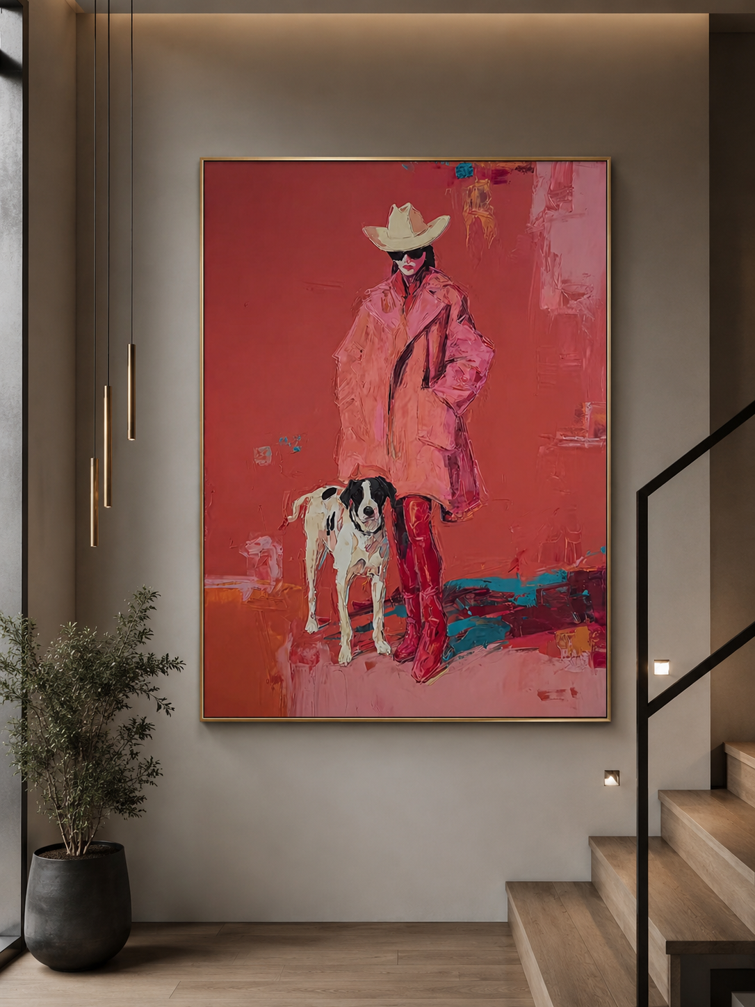 Bold Pop Art Canvas Featuring Stylish Woman With Spotted Dog In Vibrant Red Colors
