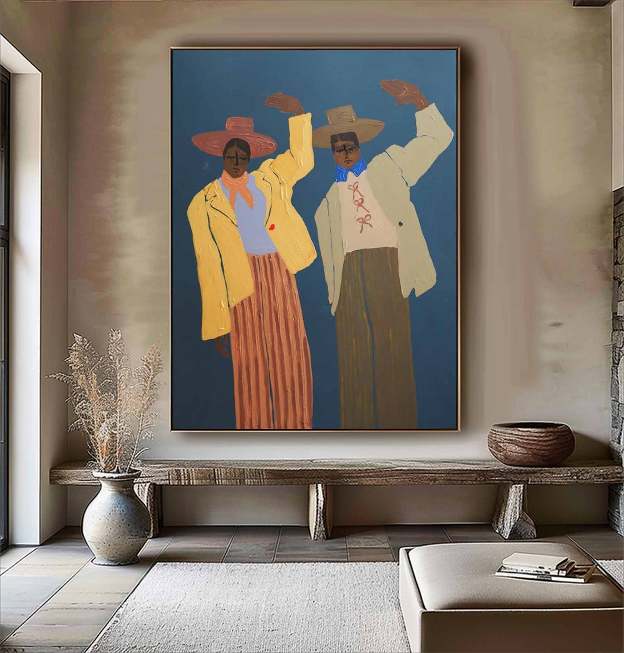 contemporary folk style male figure duo art Vintage Fashion Art Painting