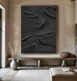 Black 3D Textured Painting Black 3D Minimalist Painting Large Black Abstract Painting