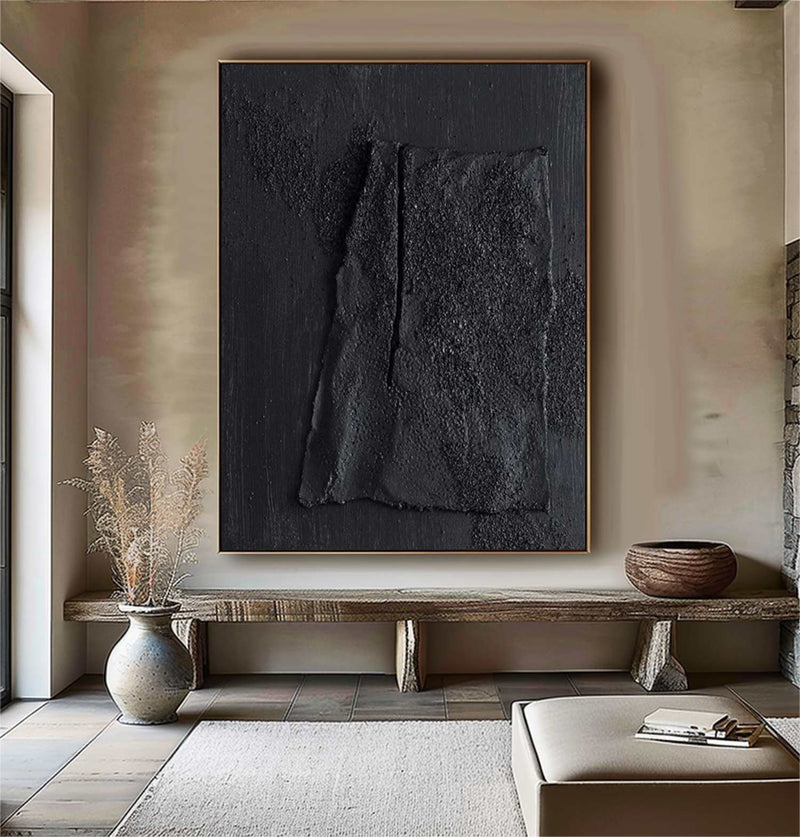 Large Black Abstract Painting Black wall art Black plaster art Black textured wall art